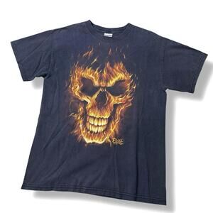 Vintage Exile Fire Skull Graphic T-Shirt Size M Tennessee River Black Biker Y2K